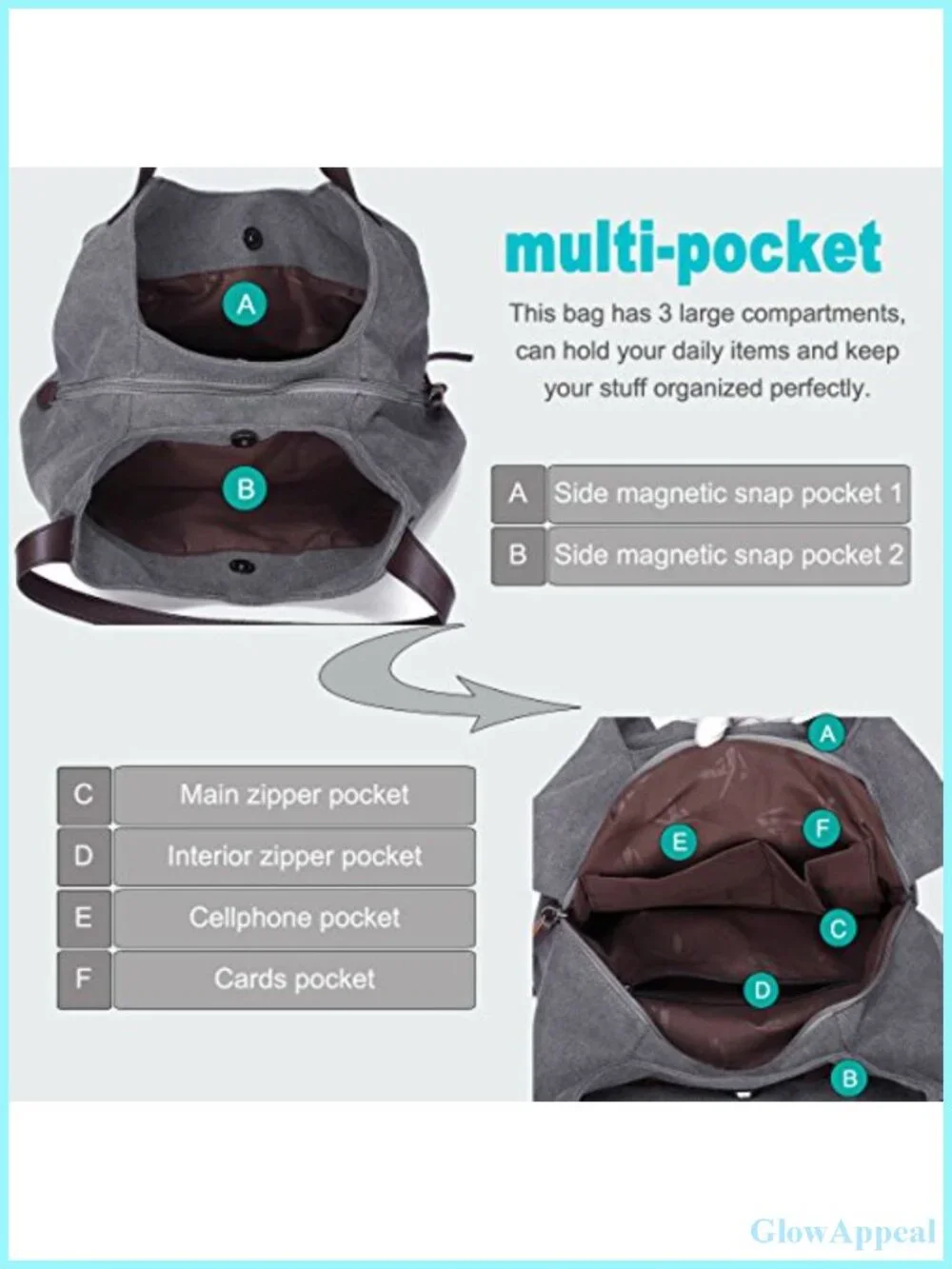 Canvas Multi-pocket Hobo Shoulder Bag Women Tote Handbag Large Capacity